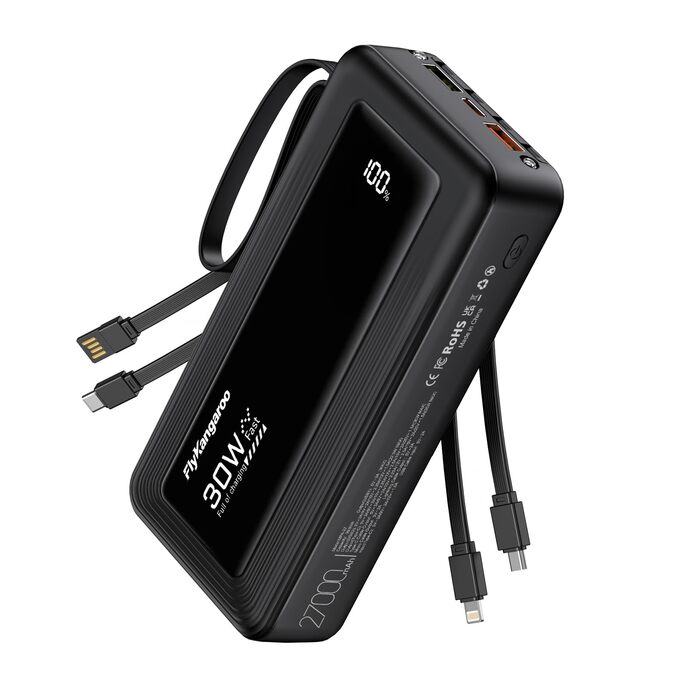 Повербанк з 4 вбудованими кабелями 27000mAh 30W USB-C швидка зарядка, зовнішній акумулятор з LED-дисплеєм для iPhone, Samsung, iPad та Android (Чорний)