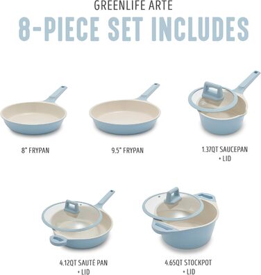Набір кухонного посуду з кераміки 8 предметів, індукційний, нетоксичний, без PFAS, каструлі та сковороди, придатний для миття в посудомийній машині, салатовий колір
