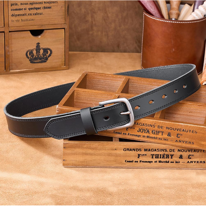 Чоловічий шкіряний ремінь BELTER 38 мм з подарунковою коробкою, чорний. Розміри: 32W-35W (105 см), 44W-47W (135 см)