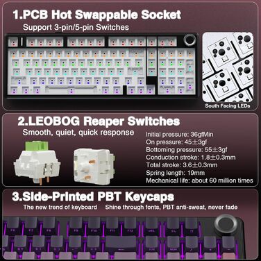 Механічна ігрова клавіатура AULA F99 Pro: RGB, Hot-swap, Wireless, QWERTY, чорно-рожева