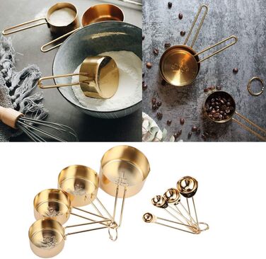 WAAZI 8-Piece Measuring Cup and Spoon Set, Stainless Steel Measuring Spoons with Buckle, Kitchen Baking Accessories for Milk-Tea Shops, Bars, Cafés, Kitchen Utensils (Color: Gold)