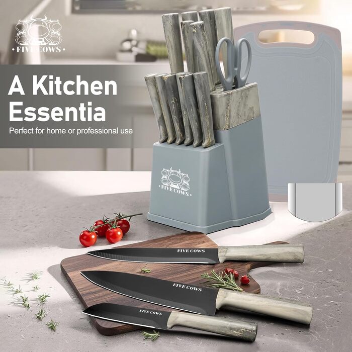 Набір кухонних ножів Messerblock з 16 частинами, з дерев'яною підставкою, дощечкою, захистом пальців, точилкою та кухонними ножицями, професійний набір ножів для дому (зелений, блакитний)