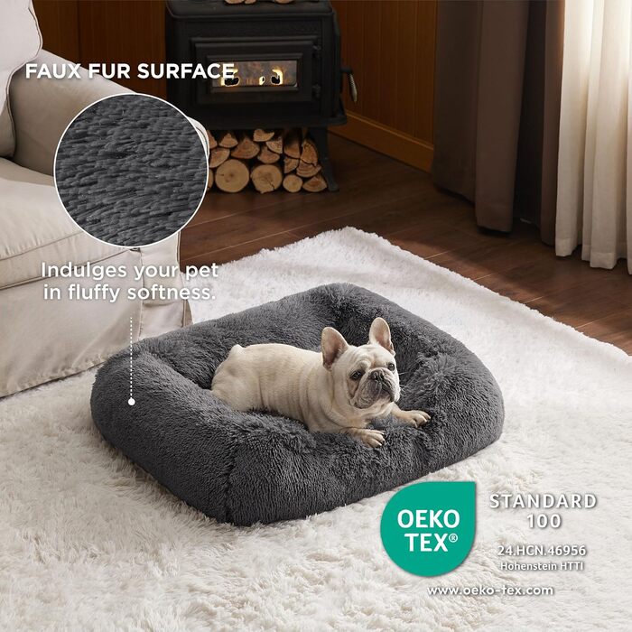 BEDSURE Fluffy Dog Bed for Medium Dogs - 76x61x18cm Washable Dog Bed for Medium Dogs, Square Cozy Bed with Soft Edge and Non-Slip Bottom, Gray