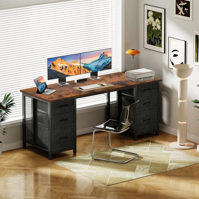 Колесхоум Стол письмовий з 6 шухлядами 160x52 см, комп'ютерний стіл з полицями для дому та офісу (Колір: Коричневий, 160x52 см)