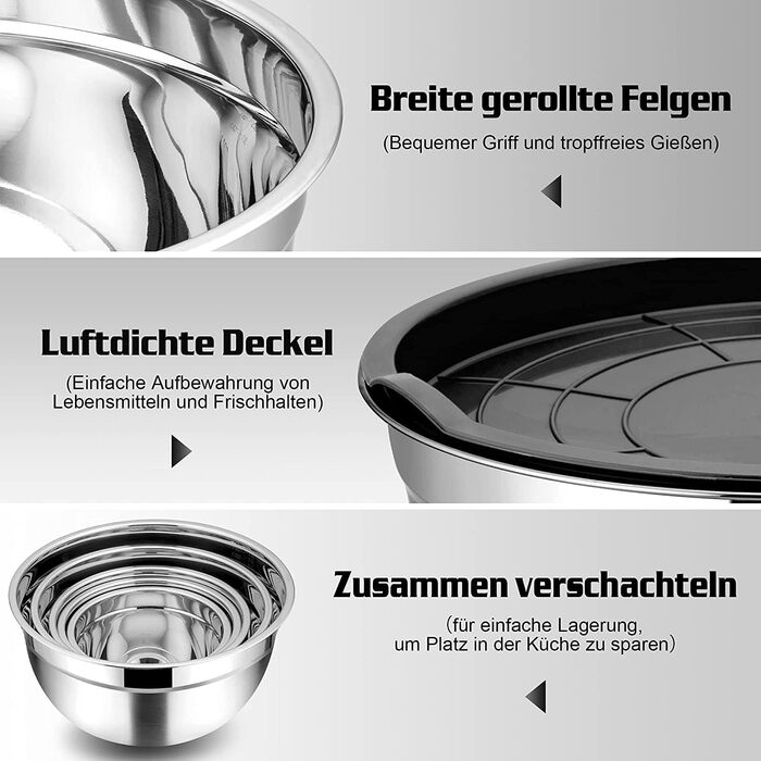 Homikit Mixing Bowl Set, Stainless Steel Bowl 7-Piece Set, Salad Bowl with Airtight Lid for Cooking/Baking/Serving, Nesting & Dishwasher Safe, 6.5/4.5/2.7/2.5/1.5/1.2/0.7L, Black