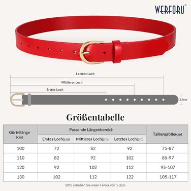 Жіночий шкіряний ремінь WERFORU для джинсів, спідниць та суконь з золотою пряжкою, червоний, довжина 110 см (85-97 см талія)