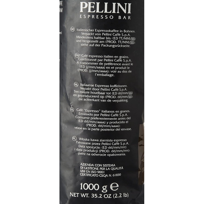 Кава в зернах Pellini N.9 Vivace для еспресо, 1 кг (набір 2 шт)