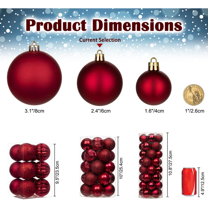 40 шт. Новорічні кулі для прикраси ялинки, 4 см та 6 см (винний колір)