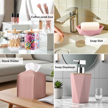 Набір аксесуарів для ванної кімнати, 10 предметів, рожевий та бамбуковий. Містить: смітник, піднос, дозатор мила, мильниця, тримач для зубних щіток, стакан для зубних щіток, тримач для серветок, WC-щітка та автоматичний диспенсер.
