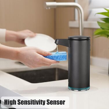 AIKE 380ml Automatic Touchless Soap Dispenser, USB Rechargeable, Matte Black Stainless Steel Soap Dispenser for Bathroom & Kitchen, Model AK1333S
