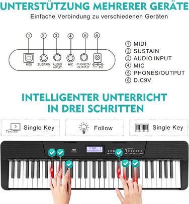 MUSTAR 61-клавішна клавіатура-піаніно для початківців, цифрова клавіатура з підсвічуванням, динаміками, стійкою, табуретом, навушниками, мікрофоном, підставкою для нот, 300 звуками та уроками музики (Чорний)