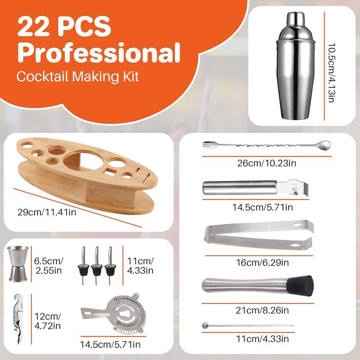 FUNYKICH Cocktail Shaker Set with Stand, 22pcs Stainless Steel Cocktail Shaker Set: 750ml Cocktail Shaker, Measuring Cups, Muddler, Spoon, Strainer, Jigger, Ice Tongs, Bottle Opener, Bar Measure; Bar Accessories Gift