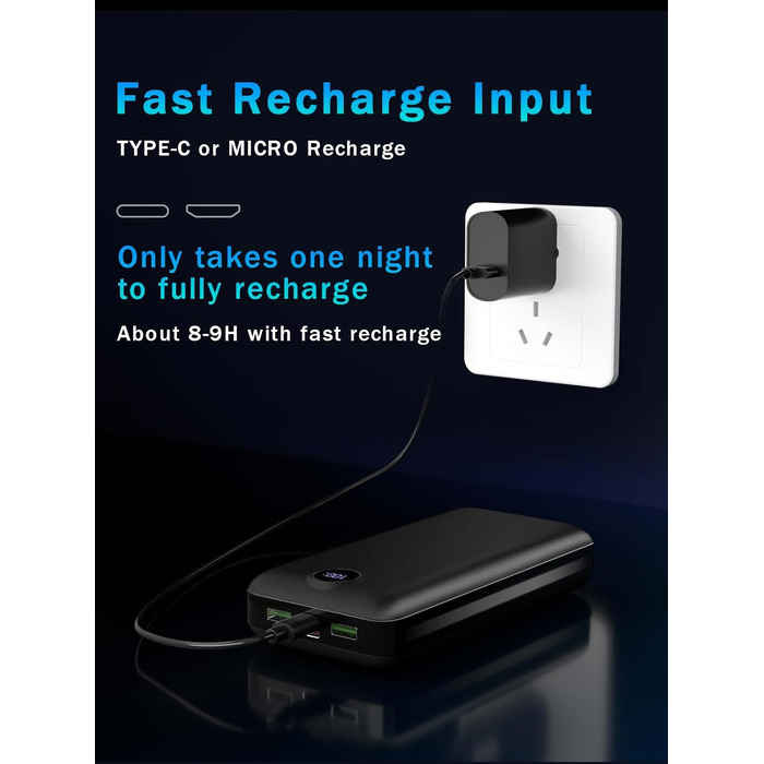 Power Bank 50000mAh з LED дисплеєм: Швидка зарядка 22.5W, 3 виходи USB-C, 2 входи, сумісний з Samsung, iPad, Android, чорний