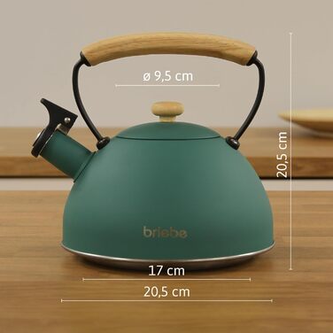 Чайник Nordic Wasserkessel Induktion 2.3L з нержавіючої сталі, з свистком, для чаю та кави, сумісний з усіма типами плит (індукційні, склокерамічні, газові, електричні), з дерев'яною ручкою Cool-Touch, ретро дизайн, зелений