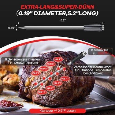 Бездротовий термометр для м'яса з 2 зондами, великий сенсорний екран, IP67 вологостійкий. Підходить для гриля, барбекю, коптильні. Чудовий подарунок на Різдво