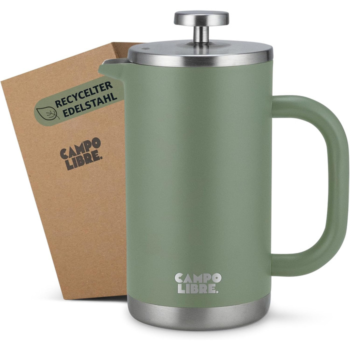 Френч-прес Campo Libre® Giorgio з нержавіючої сталі 0,6л (600мл) | З термофункцією, без пластику, з фільтром | Екологічний, з переробленої сталі, колір Мох