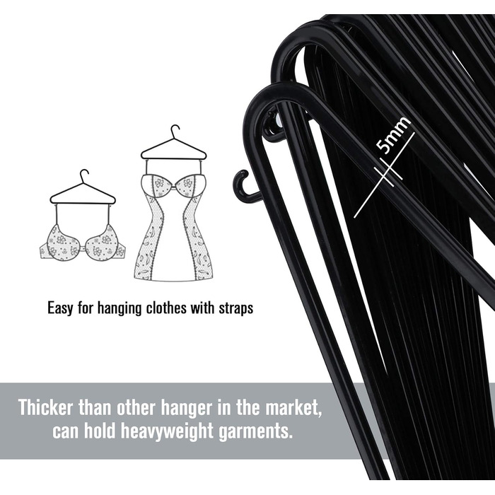 ilauke Standard Clothes Hangers Set, 50 Pieces Black Plastic Clothes Hangers, Multi-Purpose Skirt Hangers Space-Saving Clothes Hangers for Drying and Wet Laundry for Clothing Suits, Jackets, Trousers, 37CM