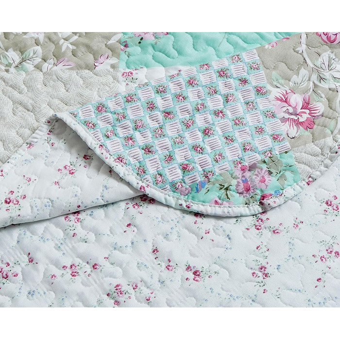 Набір постільної білизни Brilliant Sunshine Grey Heart Love Patchwork: ковдра та наволочка, двоспальне ліжко, блакитно-зелений, стегане покривало