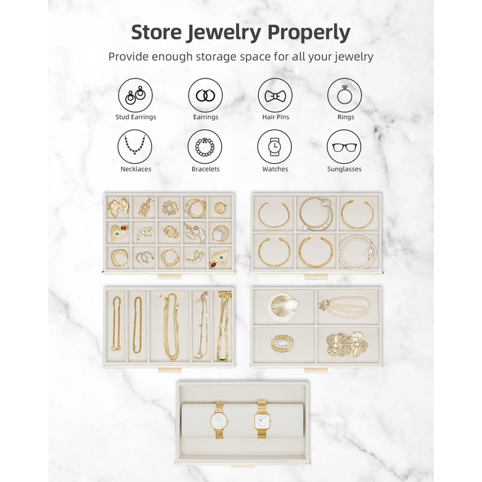 Скринька для прикрас Vlando Modern Beige з 6 ярусами, дзеркалом та відділенням для годинників