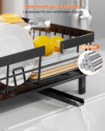 LIONONLY Dish Drainer Rack, Small Dish Drainer with Drip Bowl, Stainless Steel Dish Drainer with Drip Surface and Swivel Spout, Dish Drying Rack for Space-Saving
