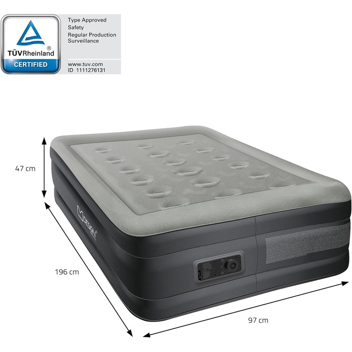 Надувна матрац для 2 осіб ML-Design 203x157x47 см з електричним насосом, сертифікат TÜV, для кемпінгу та гостей, сірий