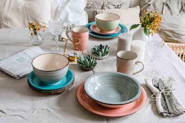 MÄSER Bel Tempo II: Набір посуду вінтажний, 16 предметів, для 4 осіб, кераміка ручної роботи, зелено-блакитний