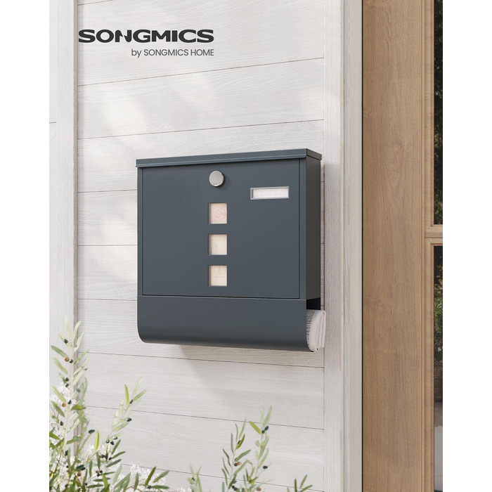 Поштова скринька SONGMICS з замком, оглядовим вікном та відділенням для газет, антрацит, 30.8x33.8x10 см (GMB20AG)