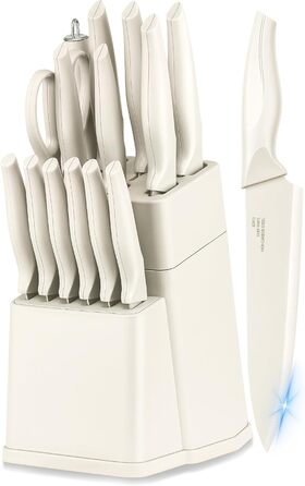 Набір ножів Joyfair 15 предметів з підставкою, з високоякісної вуглецевої сталі, з точильним каменем, для кухні, з кухонним ножем, ножем для хліба, ножицями, для нарізання та подрібнення (білий)