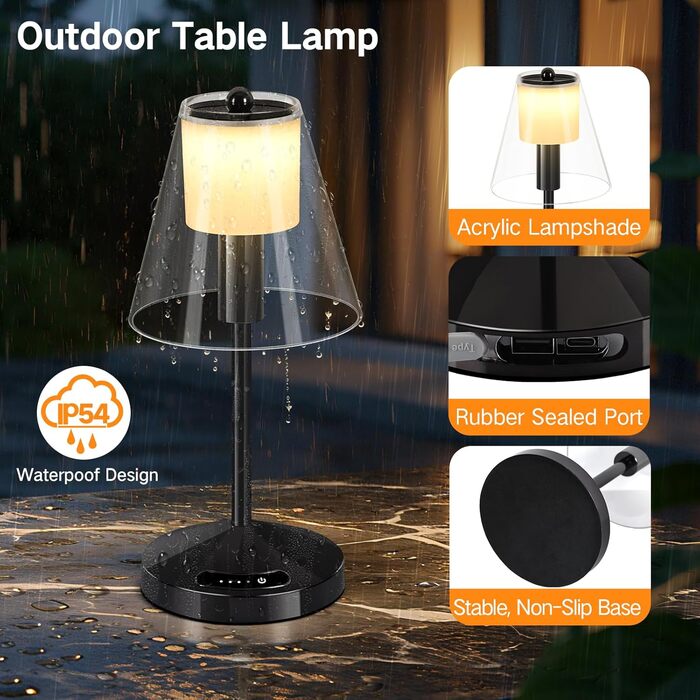 OUTON Бездротова LED-лампа настільна з торканням, регулювання яскравості, 3 режими кольору (3000K–6000K), акумулятор 4000mAh, USB-C, до 120 годин роботи, пам'ять, для спальні, бару та декору, чорна