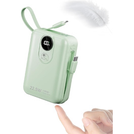 Power Bank 20000mAh з вбудованим кабелем: Швидка зарядка 22.5W, USB C (вхід/вихід), 4 виходи, 2 входи, білий/зелений