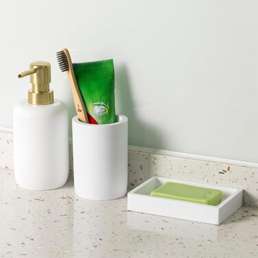 Набір для ванної кімнати Navaris 3 шт. - Дозатор мила, стакан для зубної пасти та мильниця. Декоративні аксесуари для ванної кімнати з штучного полімеру, матове покриття (білий)