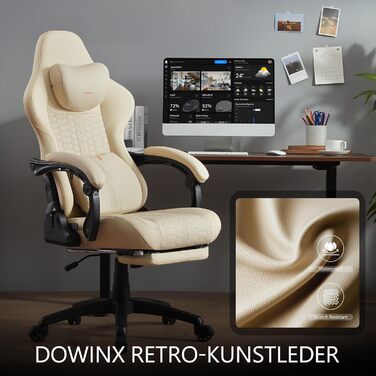 Ігровий крісло Dowinx Big and Tall з масажем попереку, підставка для ніг, ергономічне, PU шкіра, 180 кг (Бежевий)