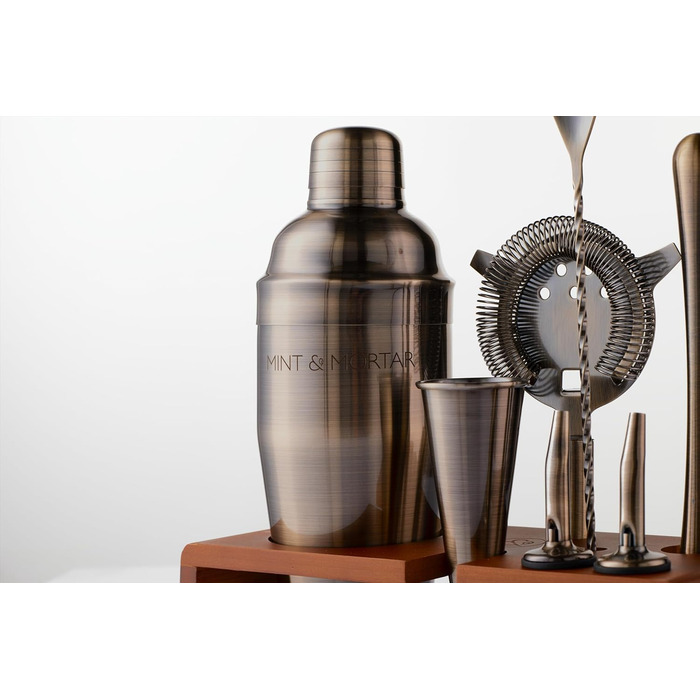 Набір для коктейлів Mint&Mortar 7 шт. з бамбуковим підставкою, з нержавіючої сталі, барменський набір з інструментами для дому та професійного використання, 680 мл, міксер (чорний) з щіткою золота