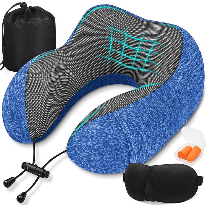 Подушка для шиї у літак - туристична подушка з Memory Foam - портативна подушка для подорожей - з 3D-маскою для сну та берушами - ідеальна для літака, авто, дому, офісу, подушка для сну (Блакитна)