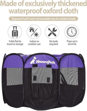 Клітка-манеж для тварин XhuangTech: собаки, коти, цуценята, 80x80x58,4 см, м'яка тканина, портативна, складна, для дому та вулиці, фіолетовий/чорний