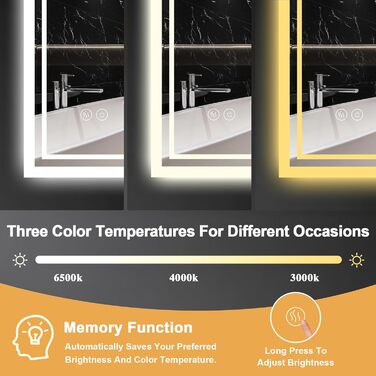 LED дзеркало для ванної кімнати з підсвічуванням 60 x 80 см – антизапар, 3 кольори, регулювання яскравості, подвійний сенсорний вимикач, функція збереження налаштувань при відключенні електроенергії, монтаж горизонтально/вертикально, квадратна форма.