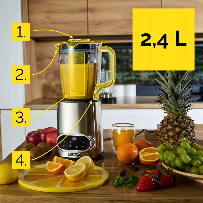 Стаціонарний блендер Yoer 2,4 л, 2200 Вт, Tritan/INOX, з ситом та 2-ма пляшками