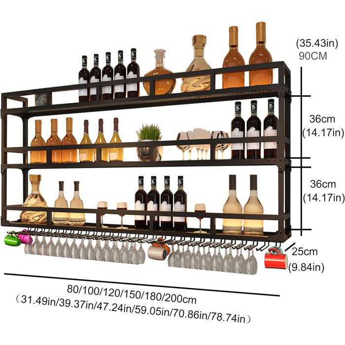 Металева полиця для вина на стіну з підсвічуванням, 80 см, чорний колір. Вузька шафа для вина, підставка для келихів, міні-бар для дому, кухні, вітальні. 3 яруси.