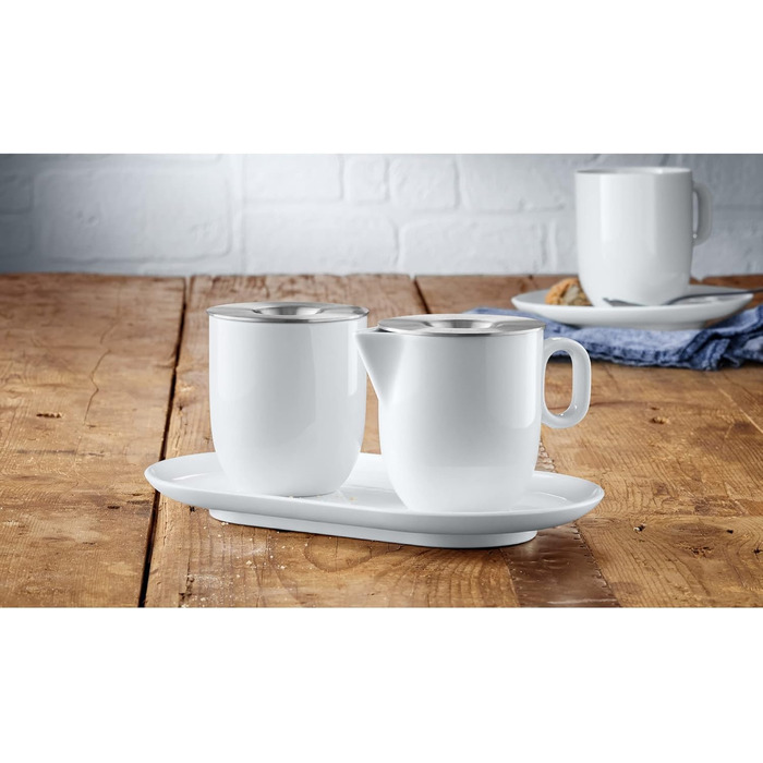 WMF Barista Sugar Bowl & Cream/Milk Pitcher Set - 130ml & 170ml - Porcelain with Lids and Saucers - Dishwasher Safe