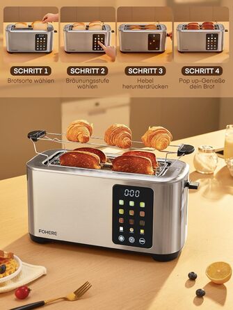 Тостер 4-х секційний, 1400W, нержавіюча сталь, довгий проріз, 9 налаштувань підсмажування, 3 види хліба, функція відміни, розморожування, підігріву, сенсорне керування, з підставою для булок, сріблястий