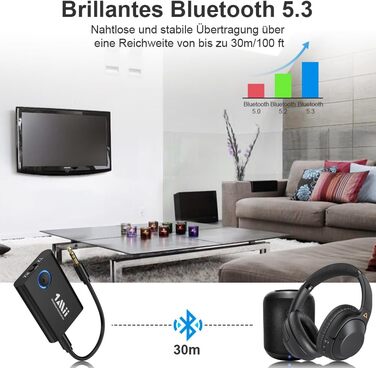 1Mii Bluetooth 5.3 адаптер для телевізора та навушників, 2-в-1 передавач/приймач, aptX-Adaptive & HD аудіо, 3.5 мм роз'єм, для стереосистеми, літака, MP3, чорний