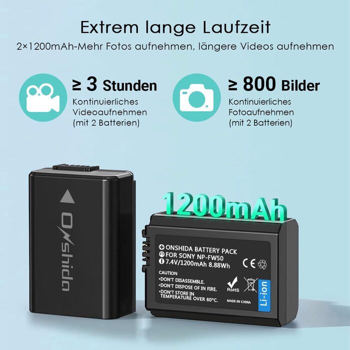 Akku Onshida NP-FW50 1200mAh 2 шт. для Sony Alpha/NEX/ZV-E10 (A6000, A6500, A7II, A7RII, A7S, A7S2, A7R, RX10, A3000, A33, A35, A37, A55, A5100)