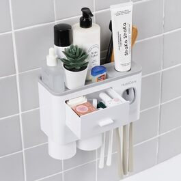 HubiCare Toothbrush Holder with Toothpaste Dispenser Wall Mount for Bathroom, Automatic Toothpaste Press, Bathroom Organization and Storage, 5 Toothbrush Slots (2 Cups)