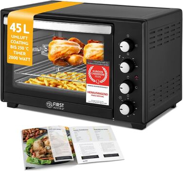 Міні-піч TZS First Austria 45L з регулюванням температури до 230°C, таймером, грилем та поворотним шампуром. Антипригарне покриття, 4 рівня, деко та решітка.