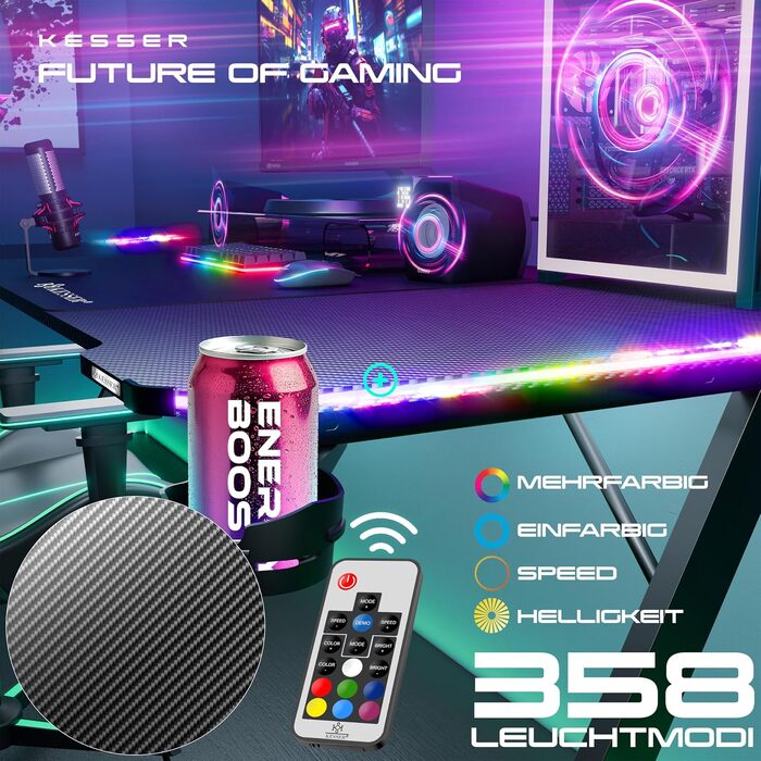 Ігровий стіл KESSER Gaming 180x80 см, Z-подібний ергономічний комп'ютерний стіл з карбоновим покриттям, підсвіткою LED, підставкою для напоїв та гачком для навушників, чорний