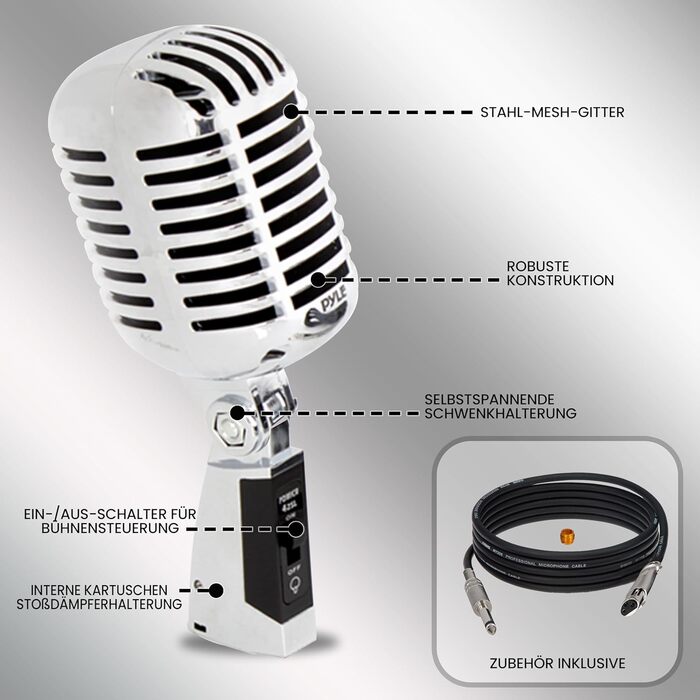 Мікрофон Pyle - Динамічний, Ретро-стиль, для вокалу, XLR, 4.88м кабель, для живих виступів та студії, срібний