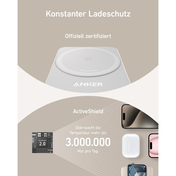 Anker MagGo 3-в-1 Бездротова Зарядна Станція Qi2 15W, Сумісна з MagSafe, для iPhone 17/16/15/14, Apple Watch 9, AirPods (з USB-C адаптером 40W) - Біла
