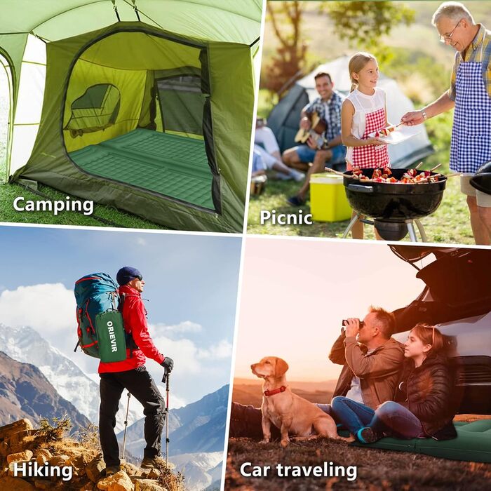 Isomatte ORIEVIR для кемпінгу та подорожей: товста 12 см, з подушкою та насосом, ультралегка, зелена