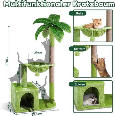 Дерево-кігтеточка для котів Kratzbaum Zvonema, 110 см, з гніздом, кошиком та іграшками, зелене