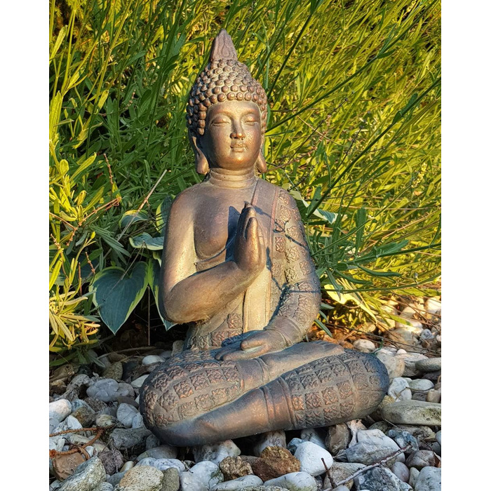 K&L Wall Art Sitting Buddha Figure for Indoor and Outdoor Use, 33cm Feng Shui Decor, Artificial Stone Statue, Zen Garden Figure, Stone (33cm Bronze Look)